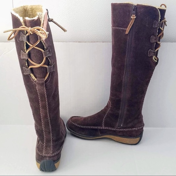 Timberland Tall Fauna Brown Suede Tan Moccasin Lace Up Low Wedge Sherling Boots - Picture 3 of 8